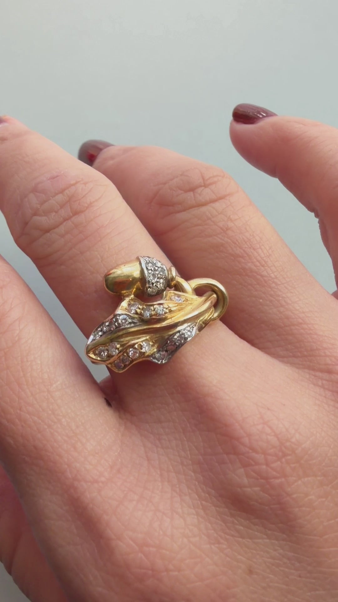 Art Nouveau 18K Yellow Gold Diamond Acorn & Foliage Ring 