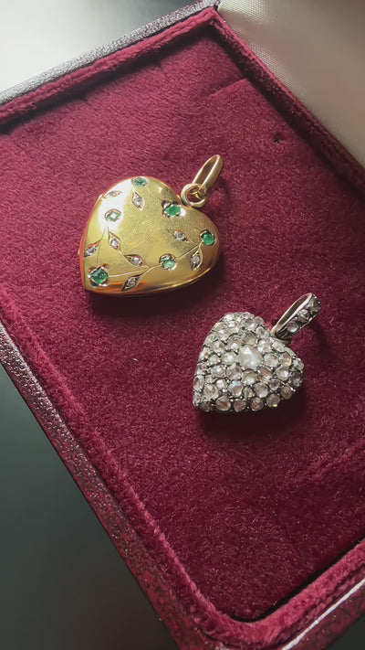 Victorian 18K Gold Heart Locket, Emeralds & Rose Cut Diamonds