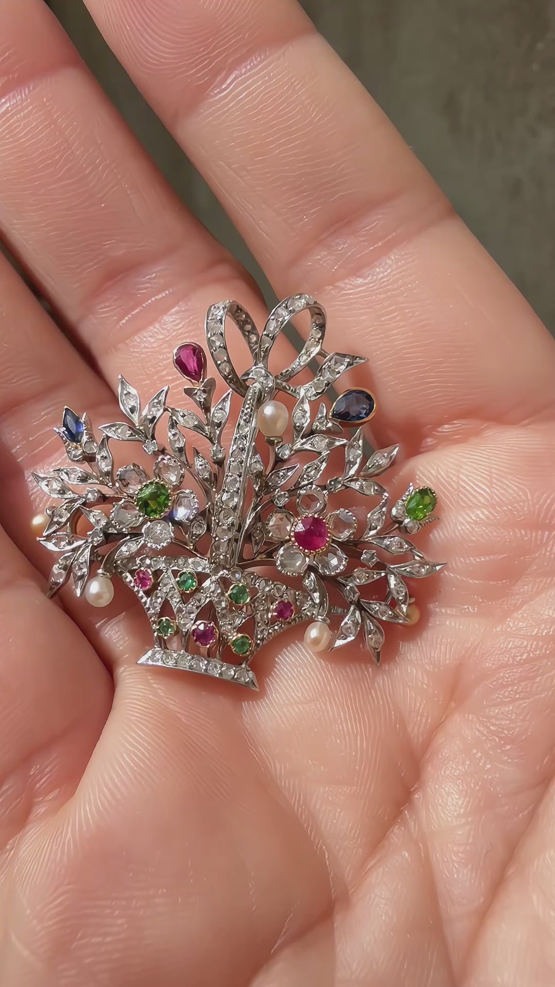 Edwardian 18K gold multi gemstones flower basket pendant