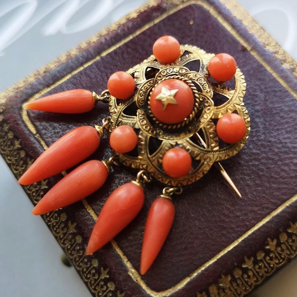 Antique 18k gold coral star brooch - Curiously timeless