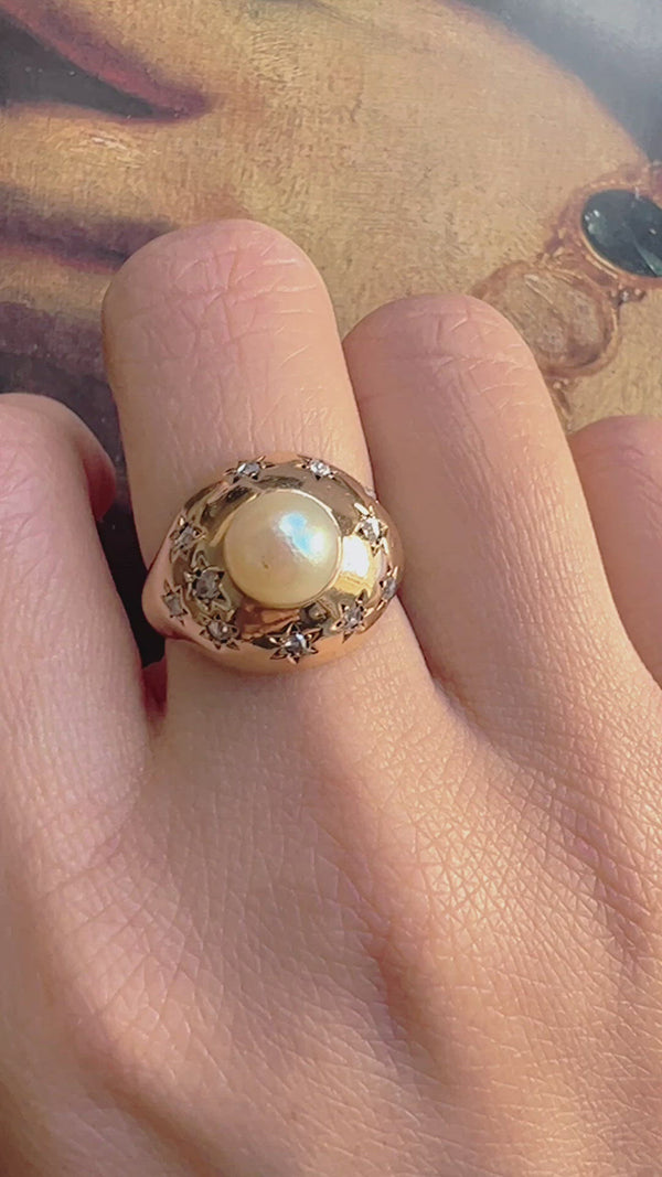 Vintage 18K gold diamond star pearl bombé ring