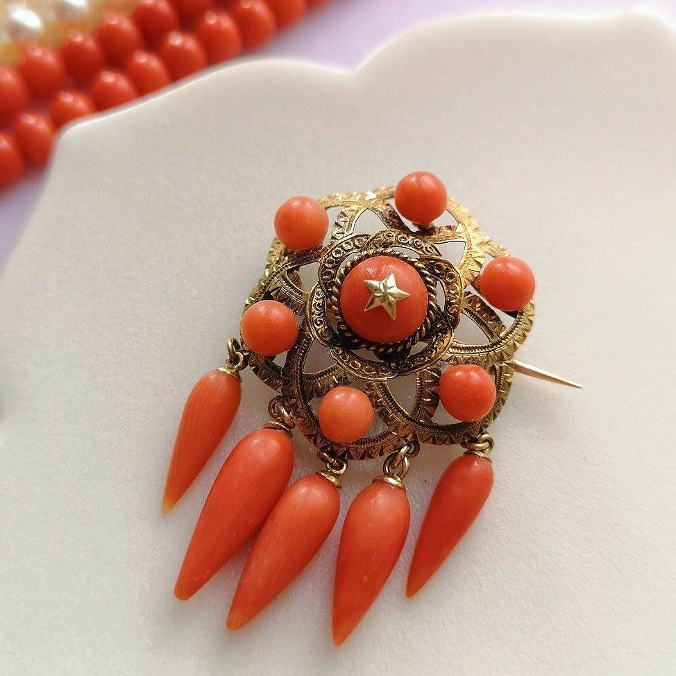 Antique 18k gold coral star brooch - Curiously timeless