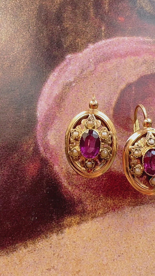 Beautiful Art Nouveau 18K gold Garnet Seed Pearl Dangle earrings