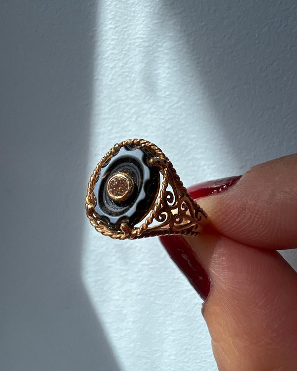 14k yellow gold banded agate diamond ring