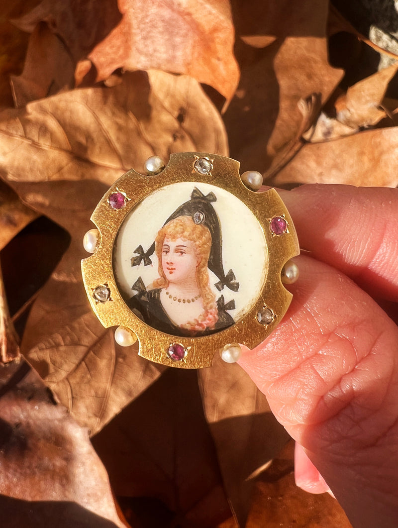 Antique 18K gold miniature portrait brooch