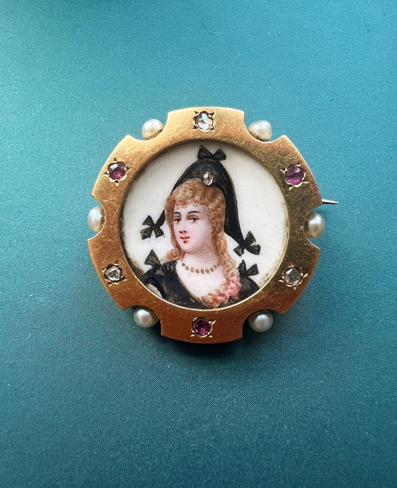 Antique 18K gold miniature portrait brooch