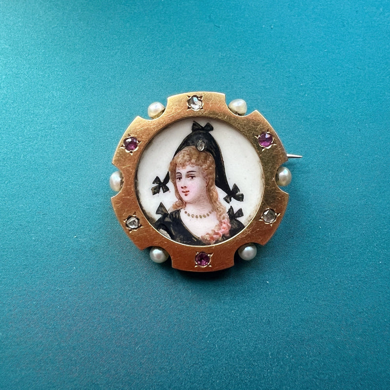 Antique 18K gold miniature portrait brooch