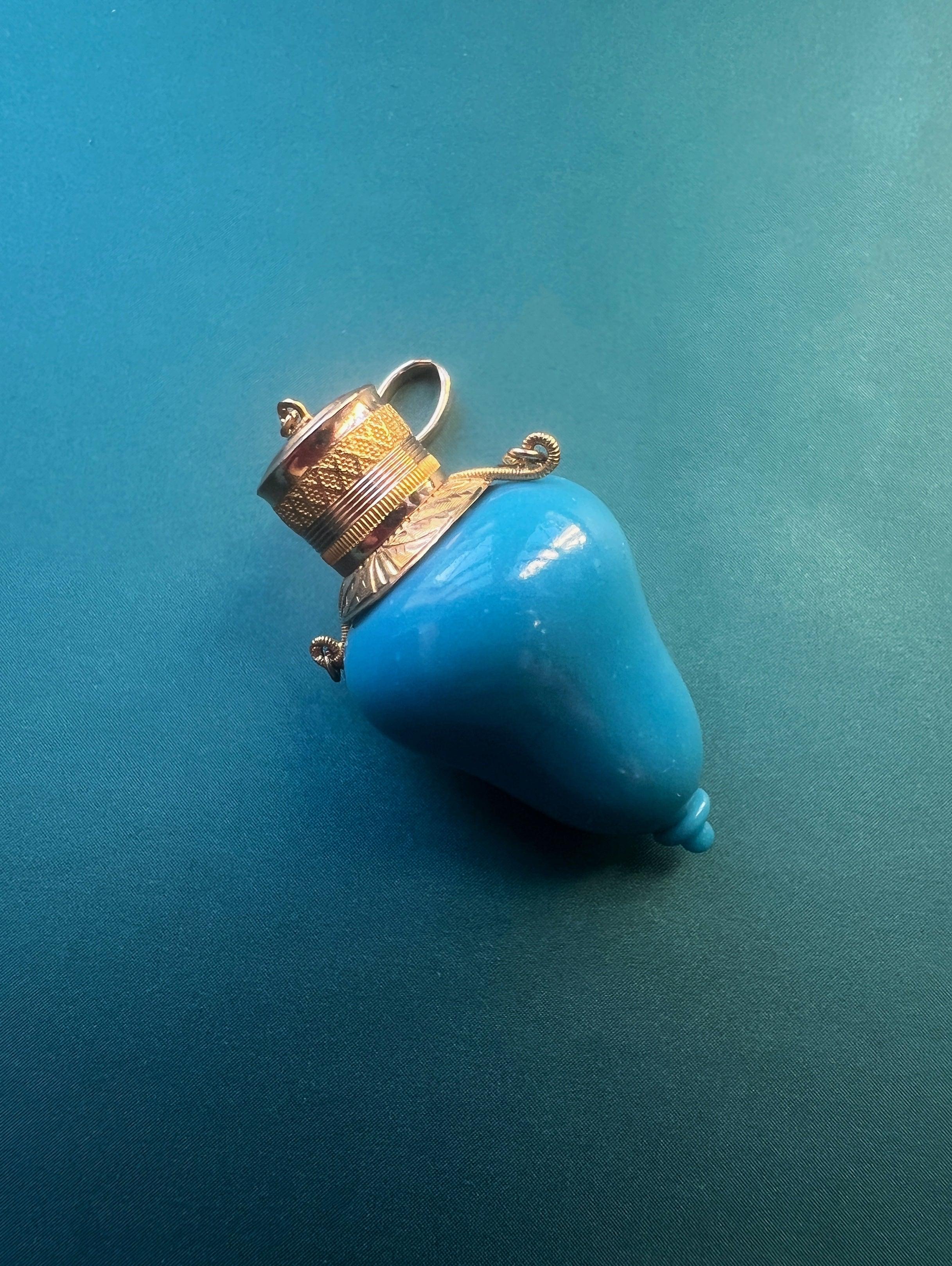 Rare French 19th century 18k gold blue opaline perfume bottle pendant - Curiously timeless