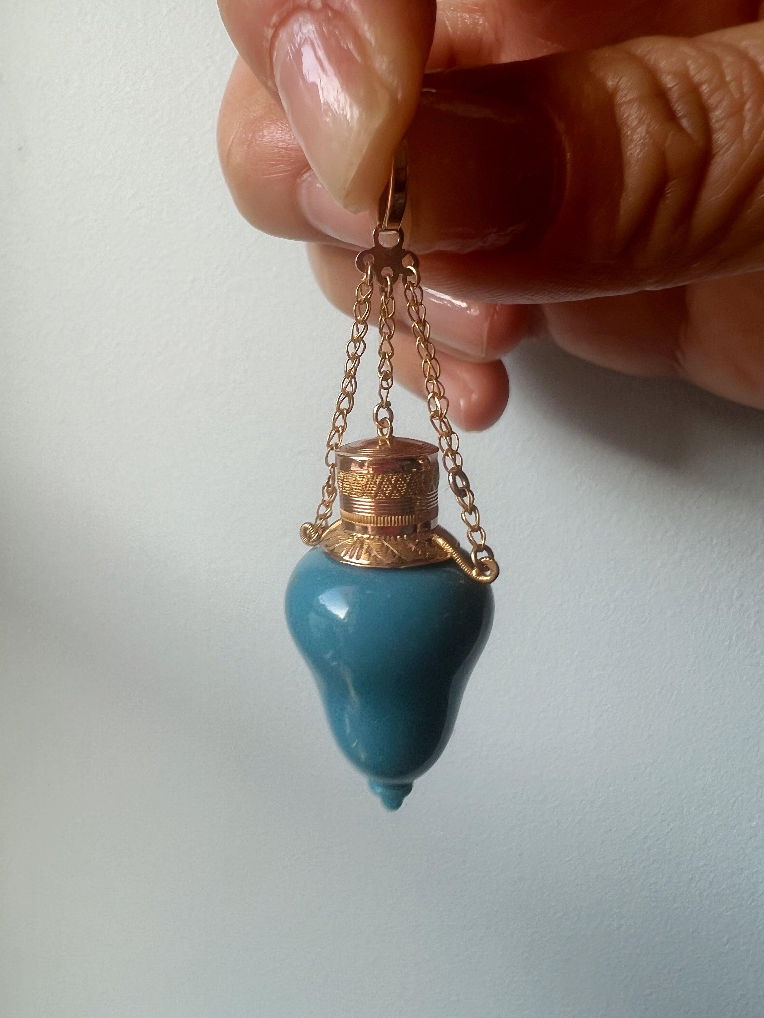 Rare French 19th century 18k gold blue opaline perfume bottle pendant - Curiously timeless