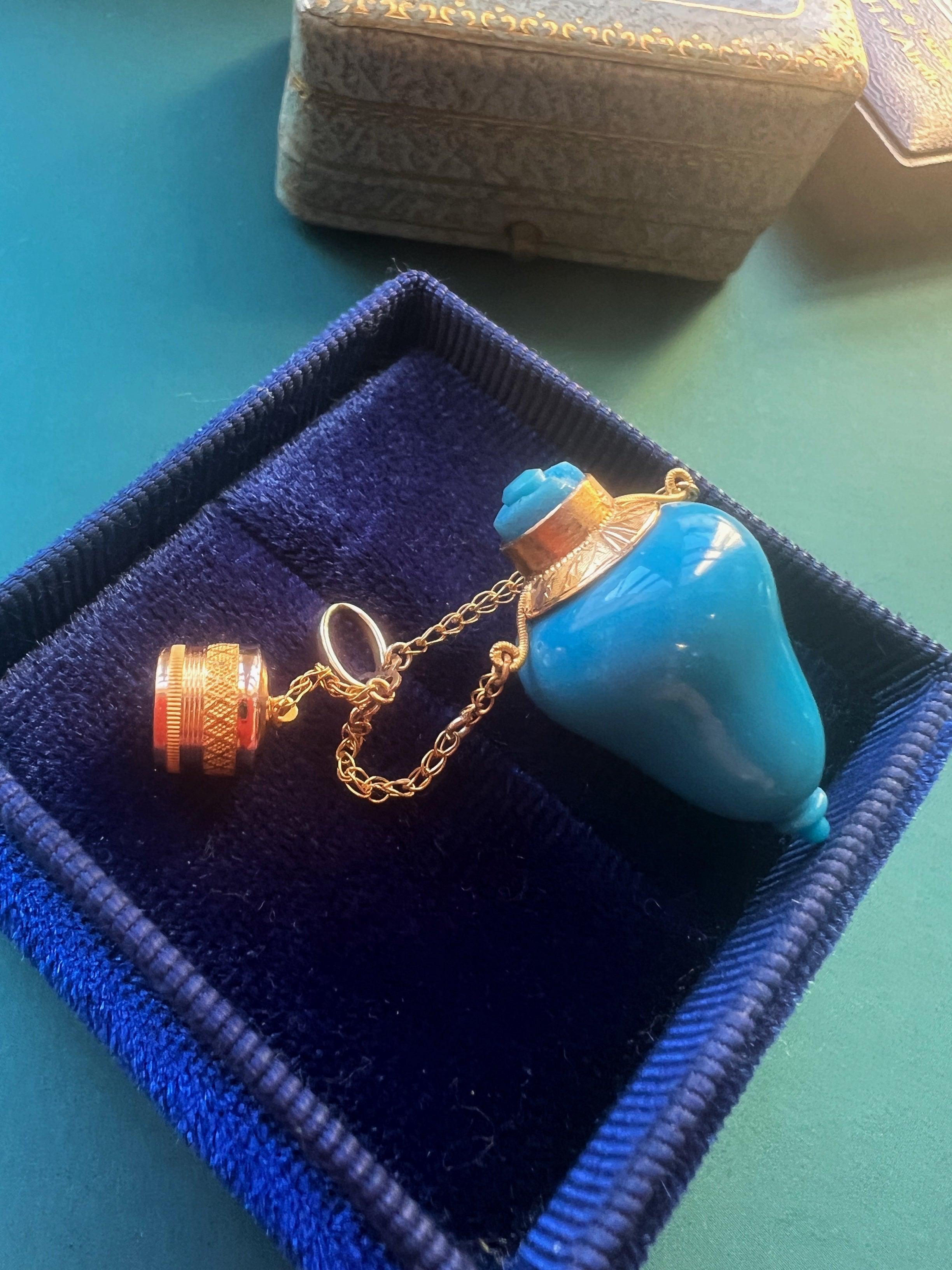 Rare French 19th century 18k gold blue opaline perfume bottle pendant - Curiously timeless