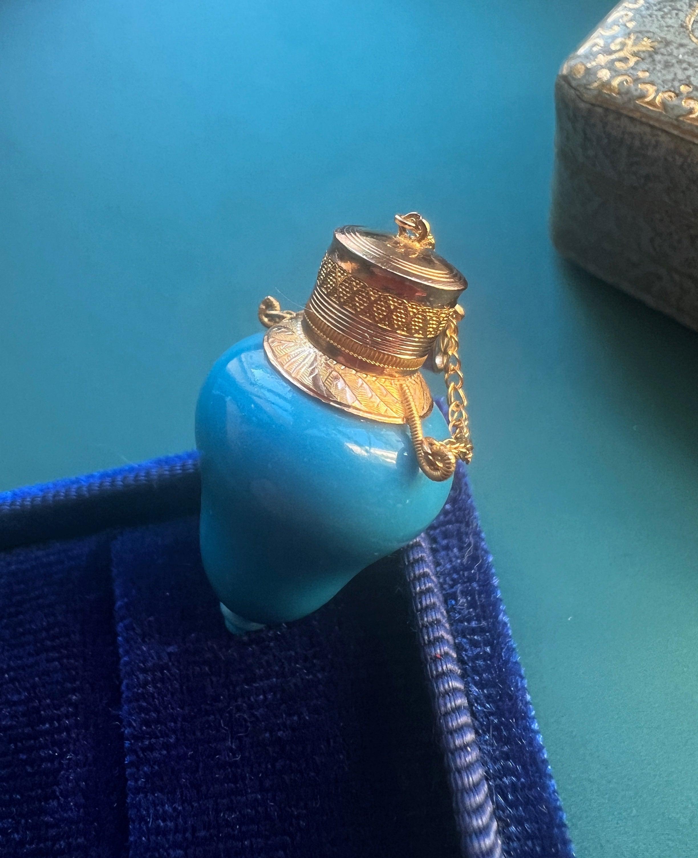 Rare French 19th century 18k gold blue opaline perfume bottle pendant - Curiously timeless