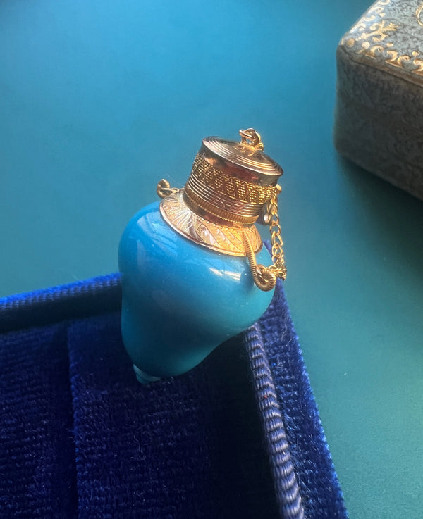 Rare French 19th century 18k gold blue opaline perfume bottle pendant