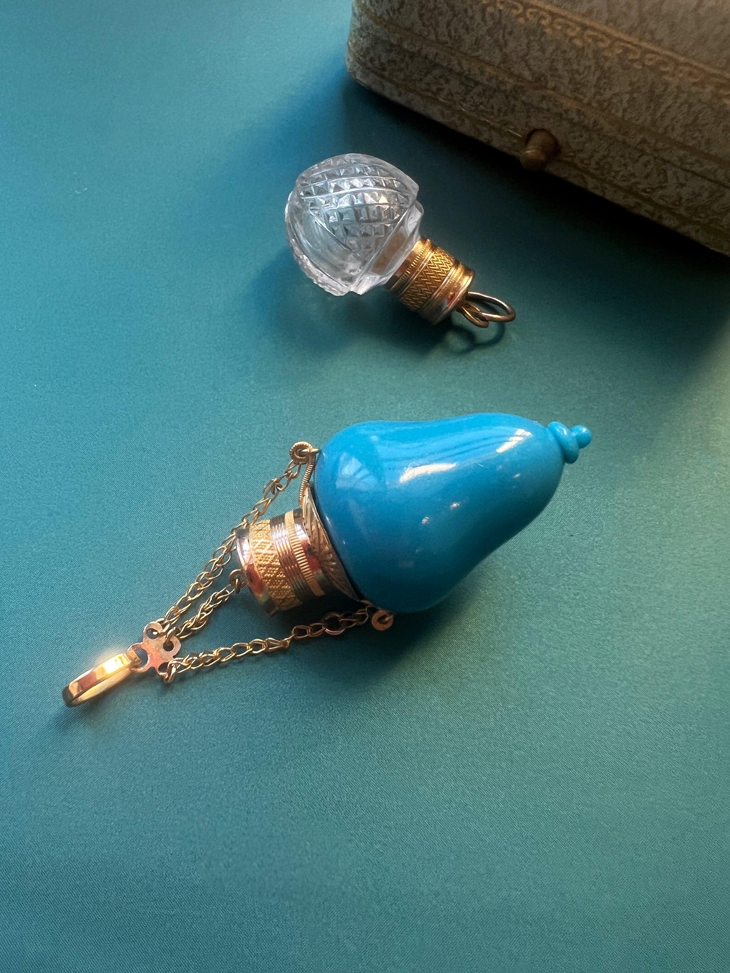 Rare French 19th century 18k gold blue opaline perfume bottle pendant - Curiously timeless