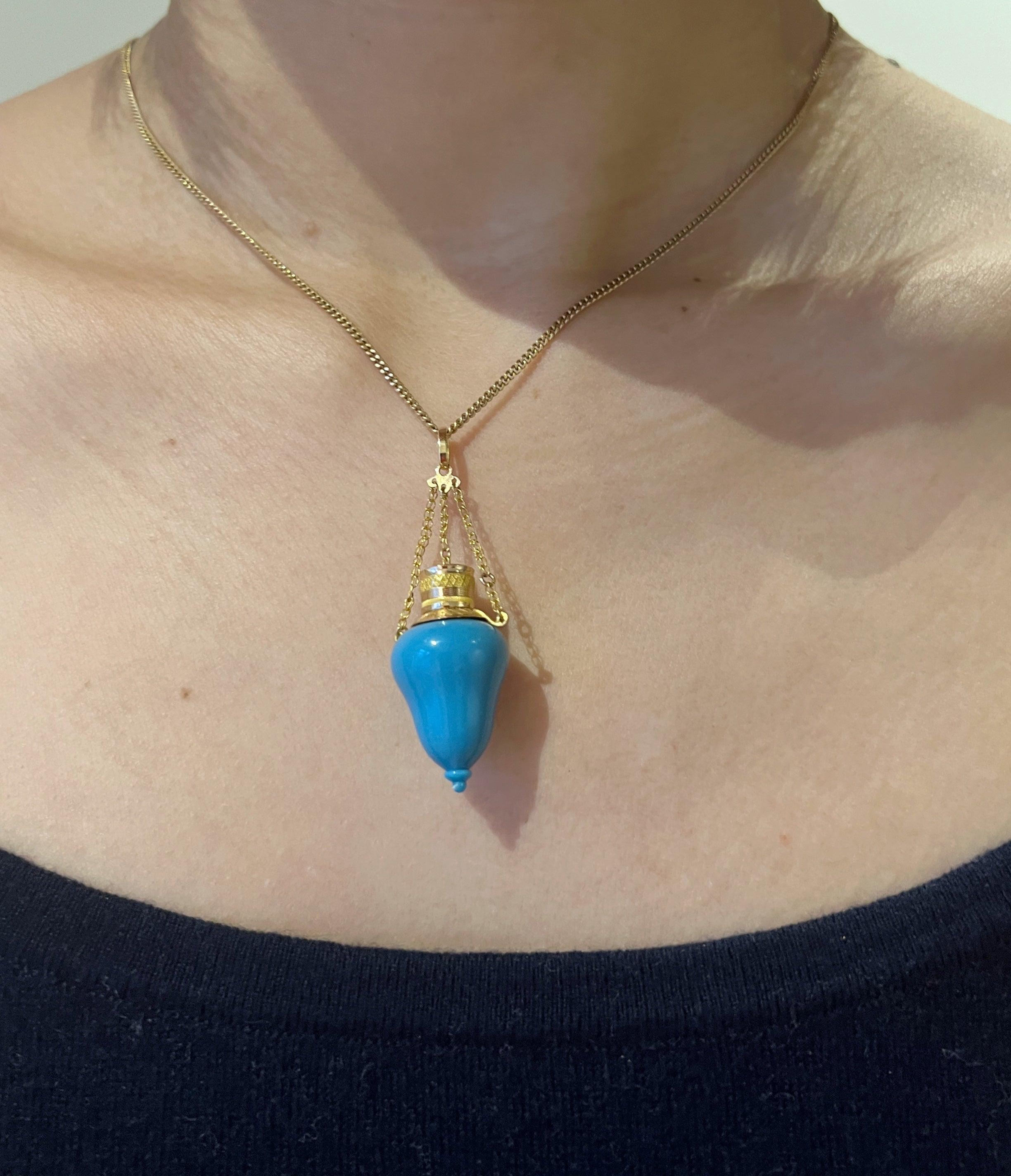 Rare French 19th century 18k gold blue opaline perfume bottle pendant - Curiously timeless