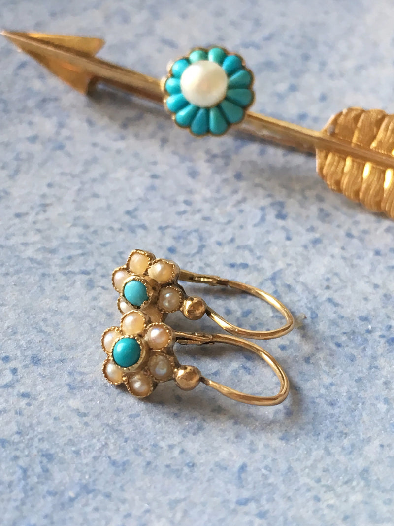 Very sweet Victorian 18K gold turquoise pearl flower children sleeper earrings