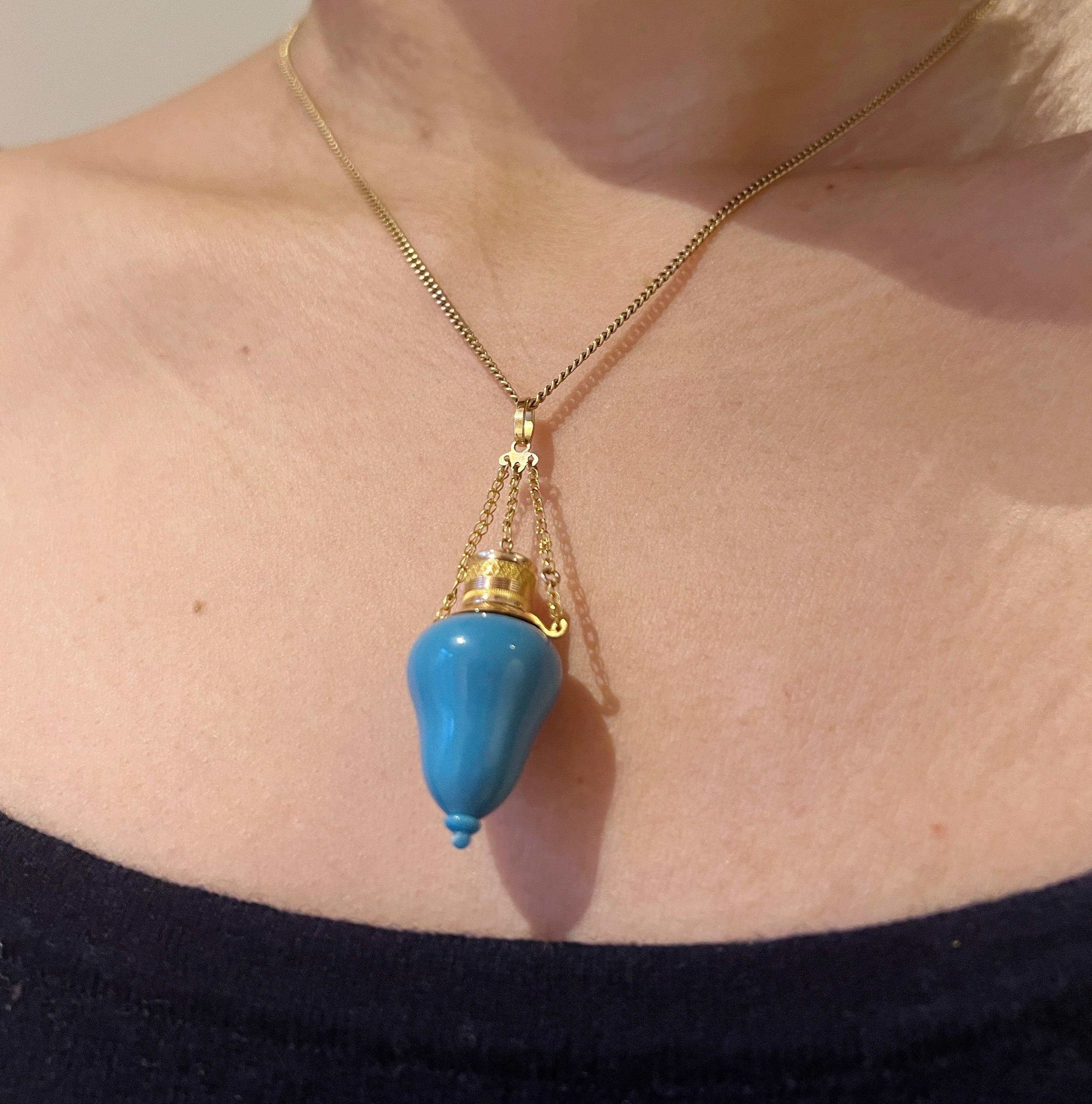 Rare French 19th century 18k gold blue opaline perfume bottle pendant - Curiously timeless