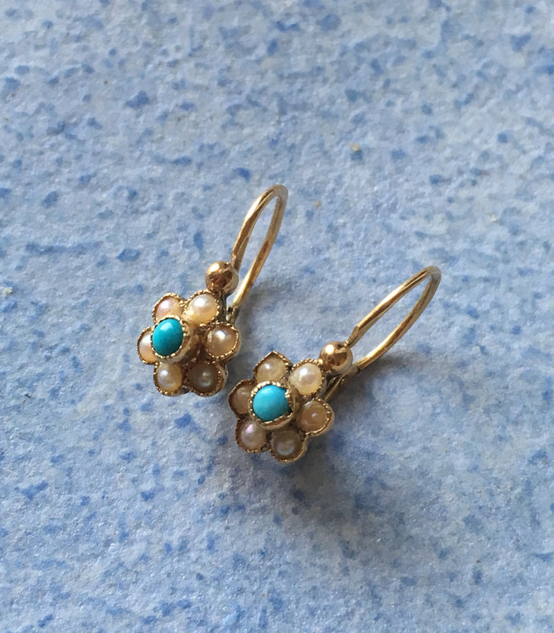 Very sweet Victorian 18K gold turquoise pearl flower children sleeper earrings