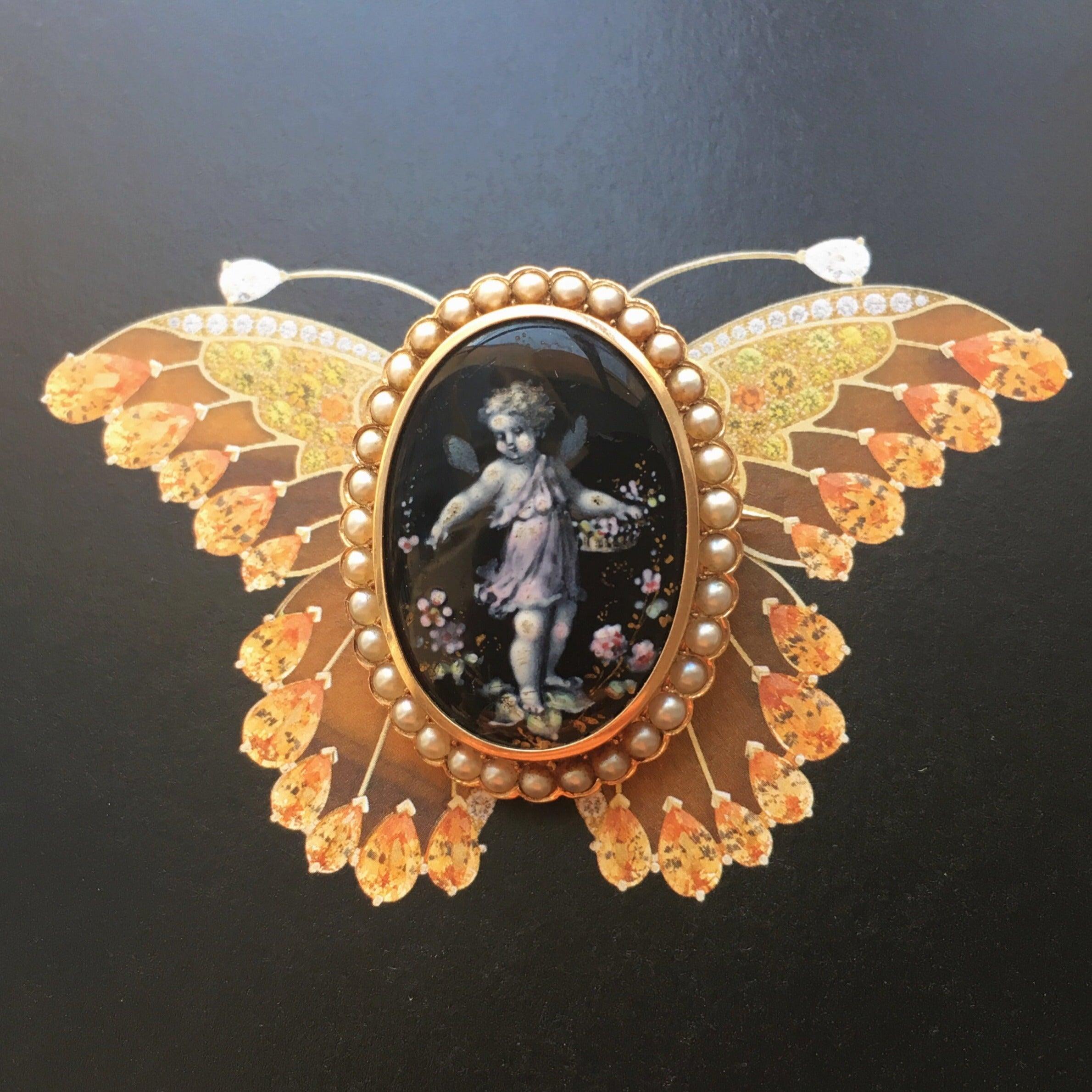 Magnificent 18K gold cherub flower enameled natural pearl brooch - Curiously timeless