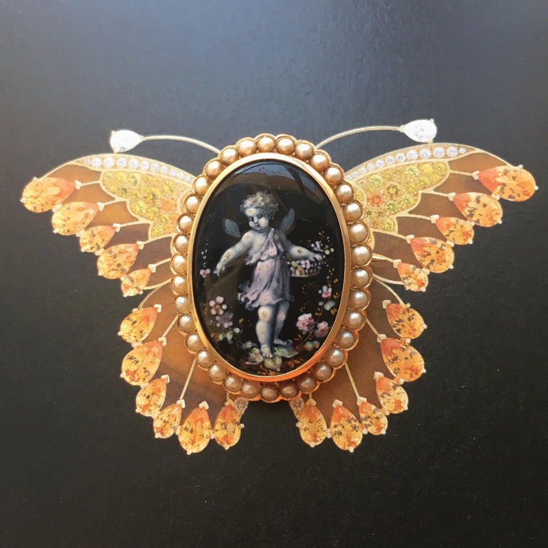 Magnificent 18K gold cherub flower enameled natural pearl brooch