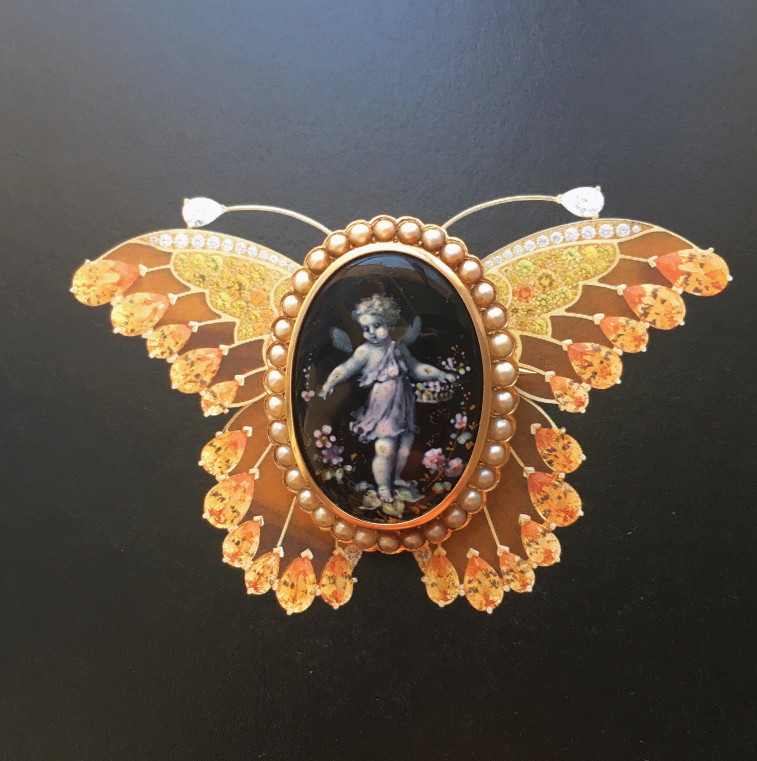 Magnificent 18K gold cherub flower enameled natural pearl brooch - Curiously timeless