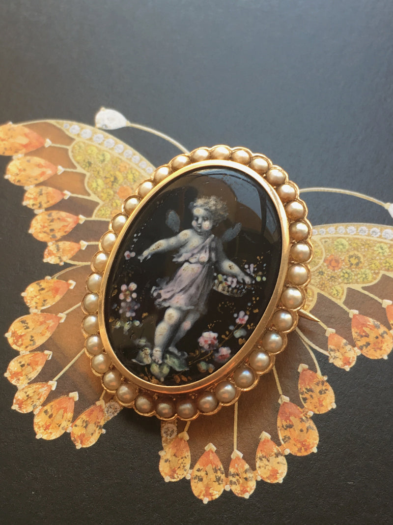 Magnificent 18K gold cherub flower enameled natural pearl brooch