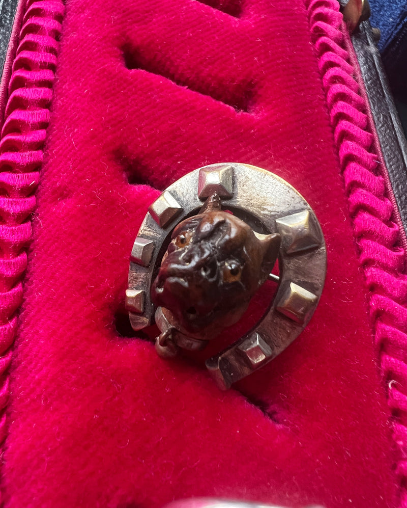 Antique bulldog good luck horseshoe brooch