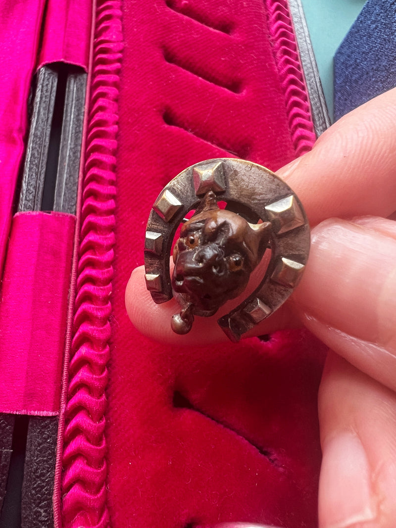 Antique bulldog good luck horseshoe brooch