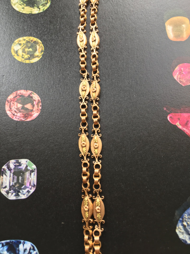 Floral & very rare Victorian 18K gold chain with a T-bar