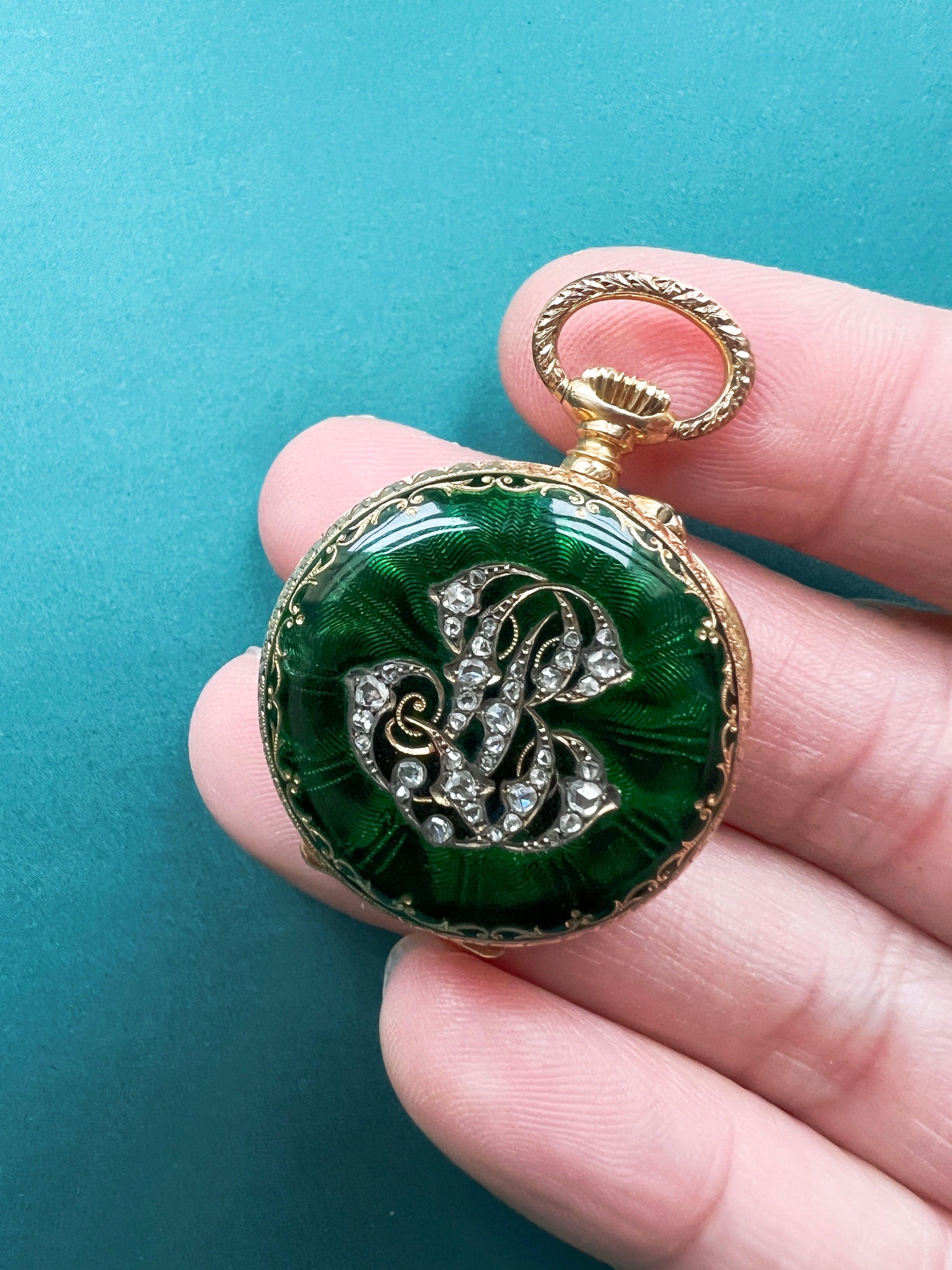 Antique 18K gold green enamel diamond monogram pocket watch pendant - Curiously timeless