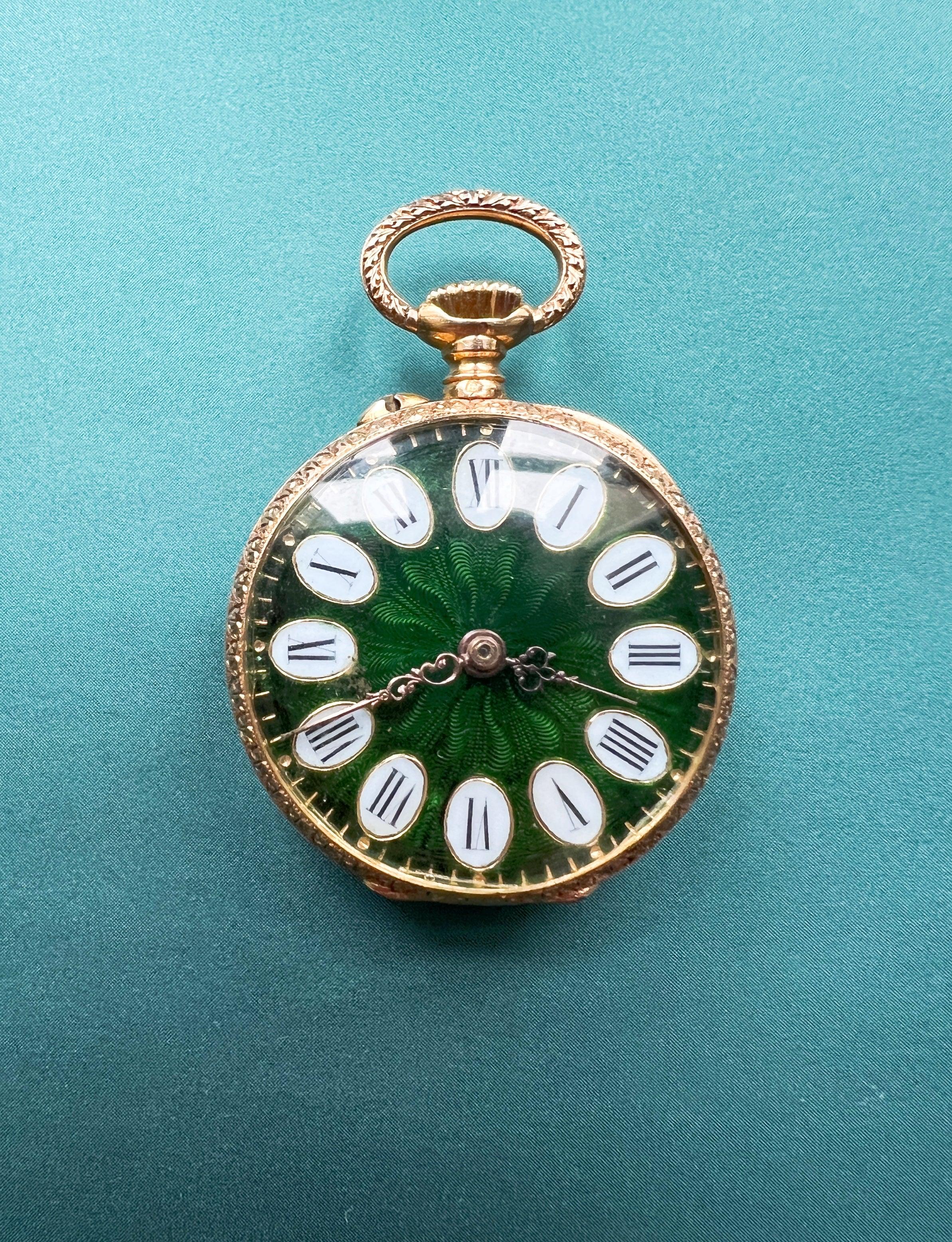 Antique 18K gold green enamel diamond monogram pocket watch pendant - Curiously timeless