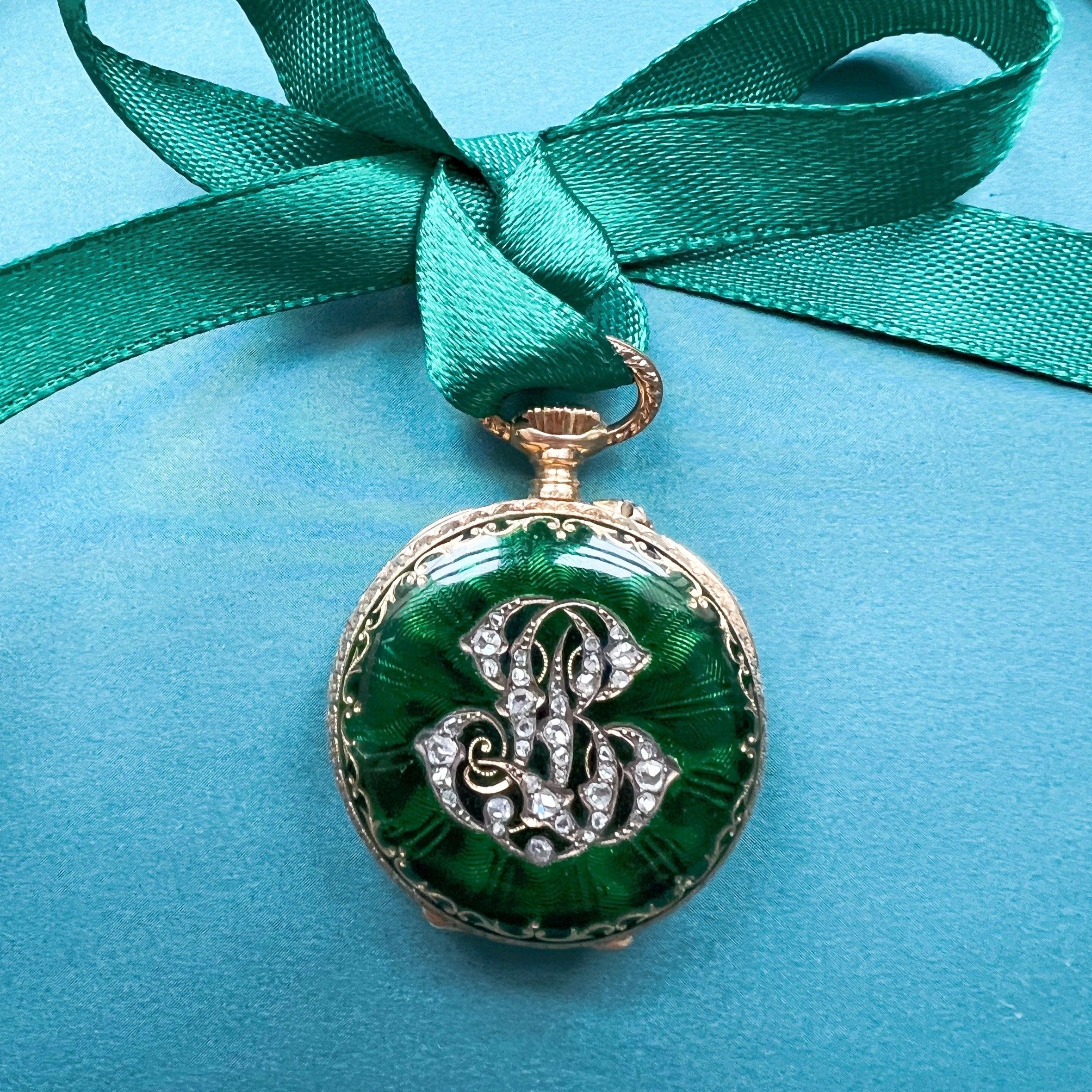 Antique 18K gold green enamel diamond monogram pocket watch pendant - Curiously timeless