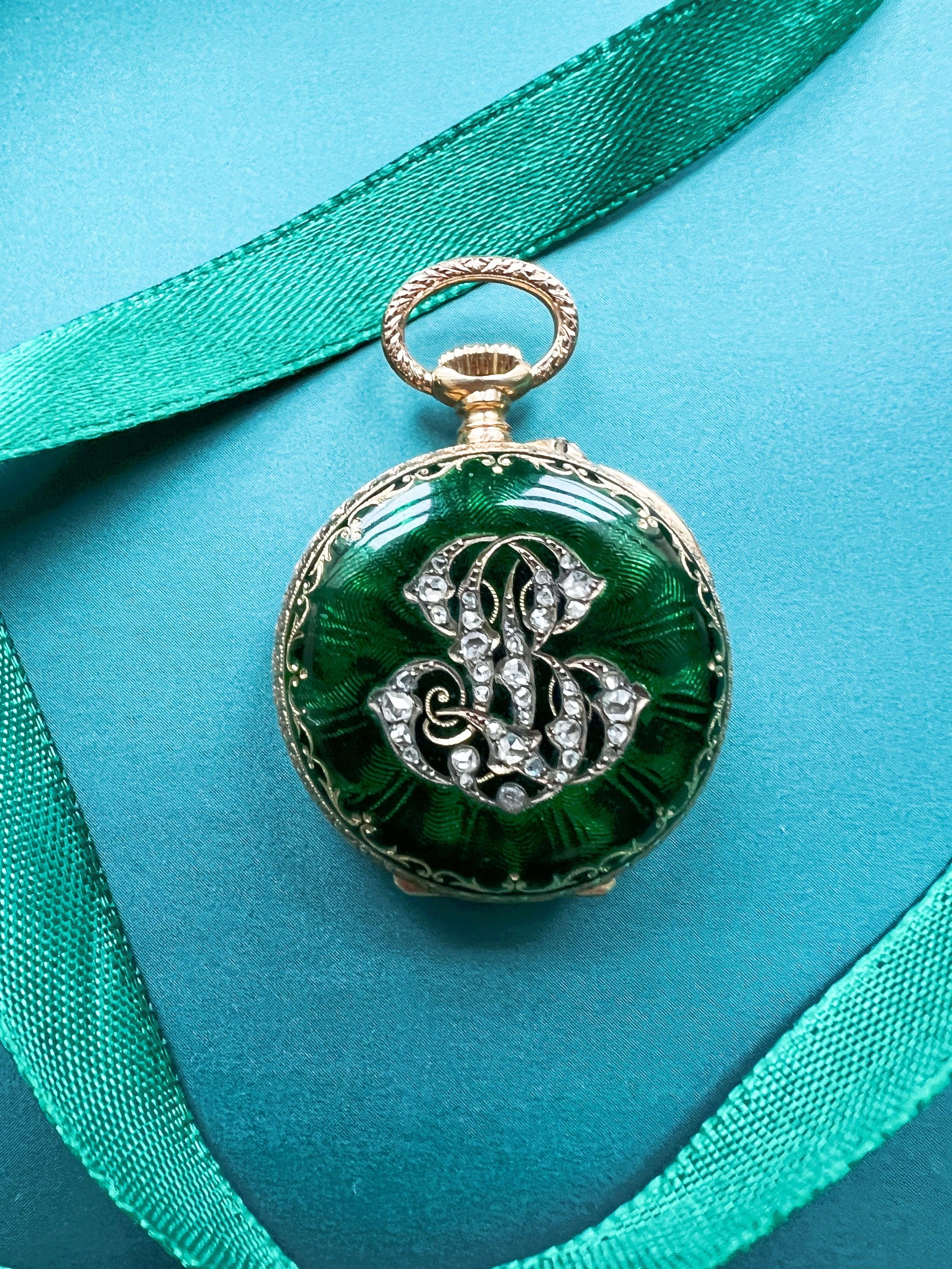 Antique 18K gold green enamel diamond monogram pocket watch pendant - Curiously timeless