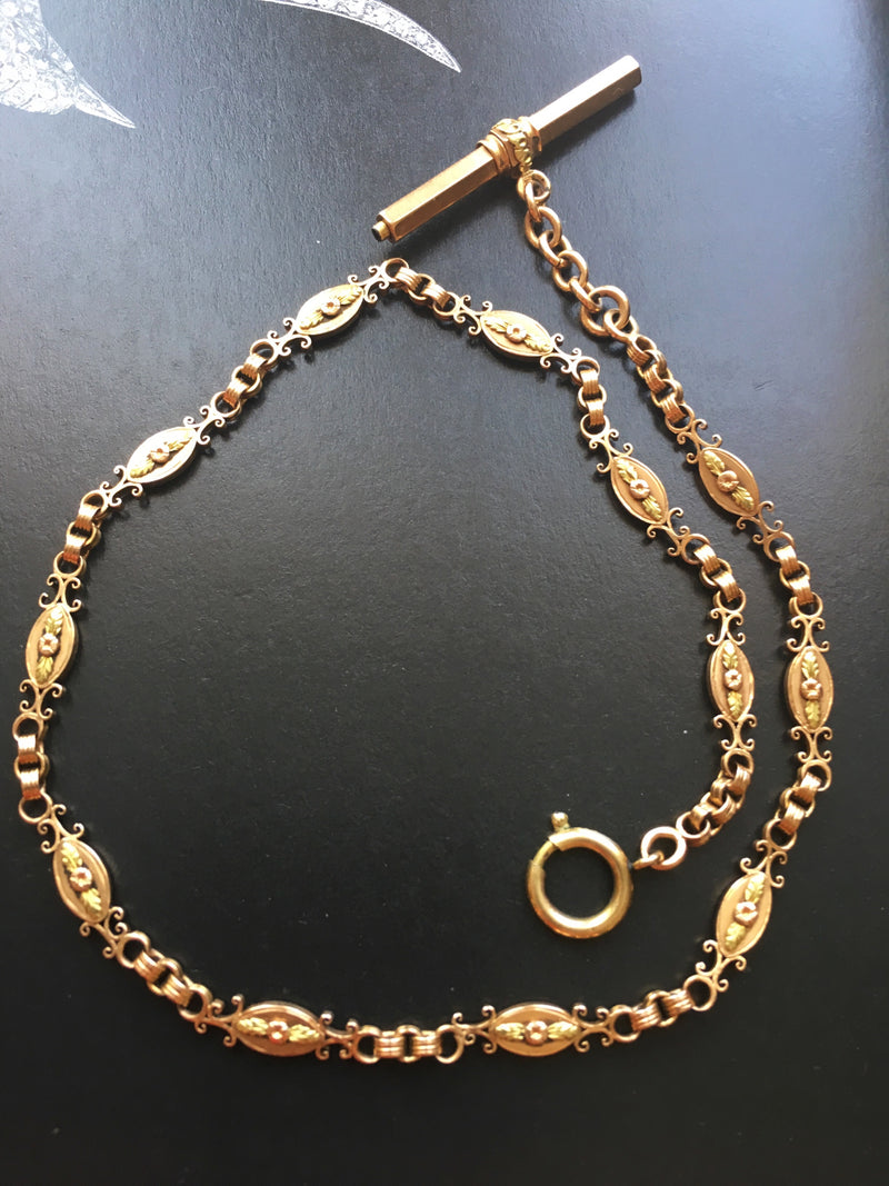 Floral & very rare Victorian 18K gold chain with a T-bar