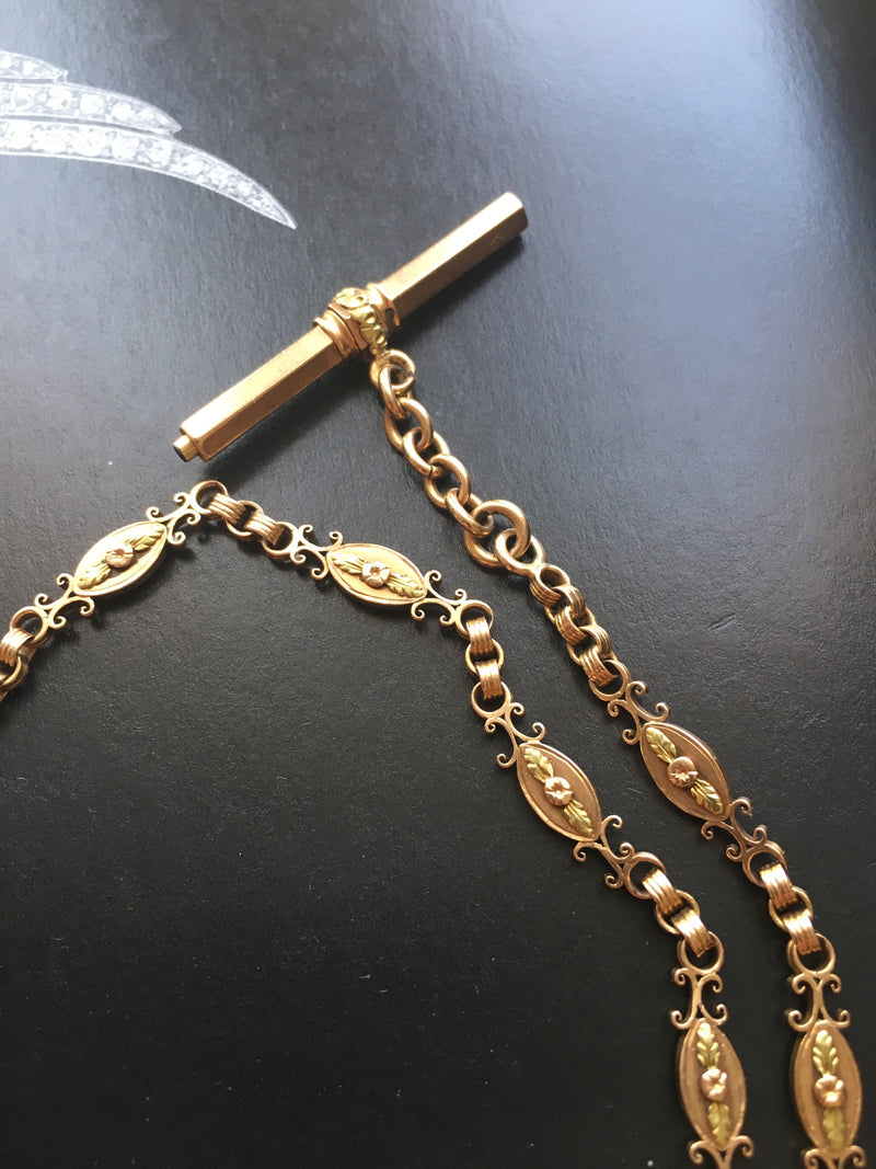 Floral & very rare Victorian 18K gold chain with a T-bar