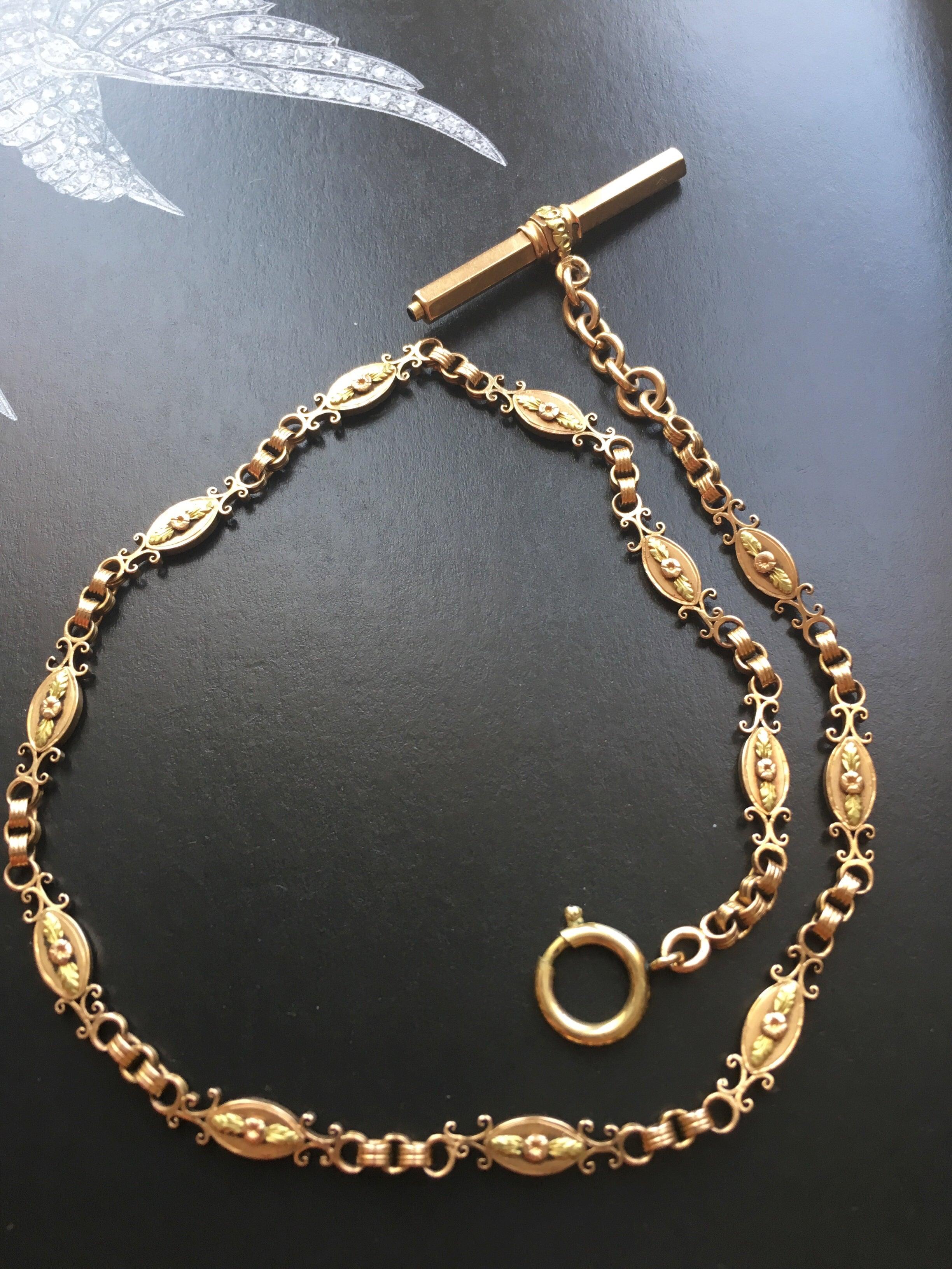 Floral & very rare Victorian 18K gold chain with a T-bar - Curiously timeless