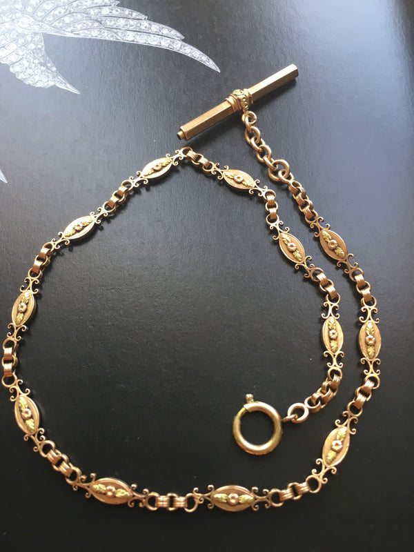 Floral & very rare Victorian 18K gold chain with a T-bar