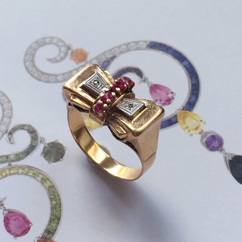 Sweet 18K gold platinum diamond ruby bow & tank cocktail ring