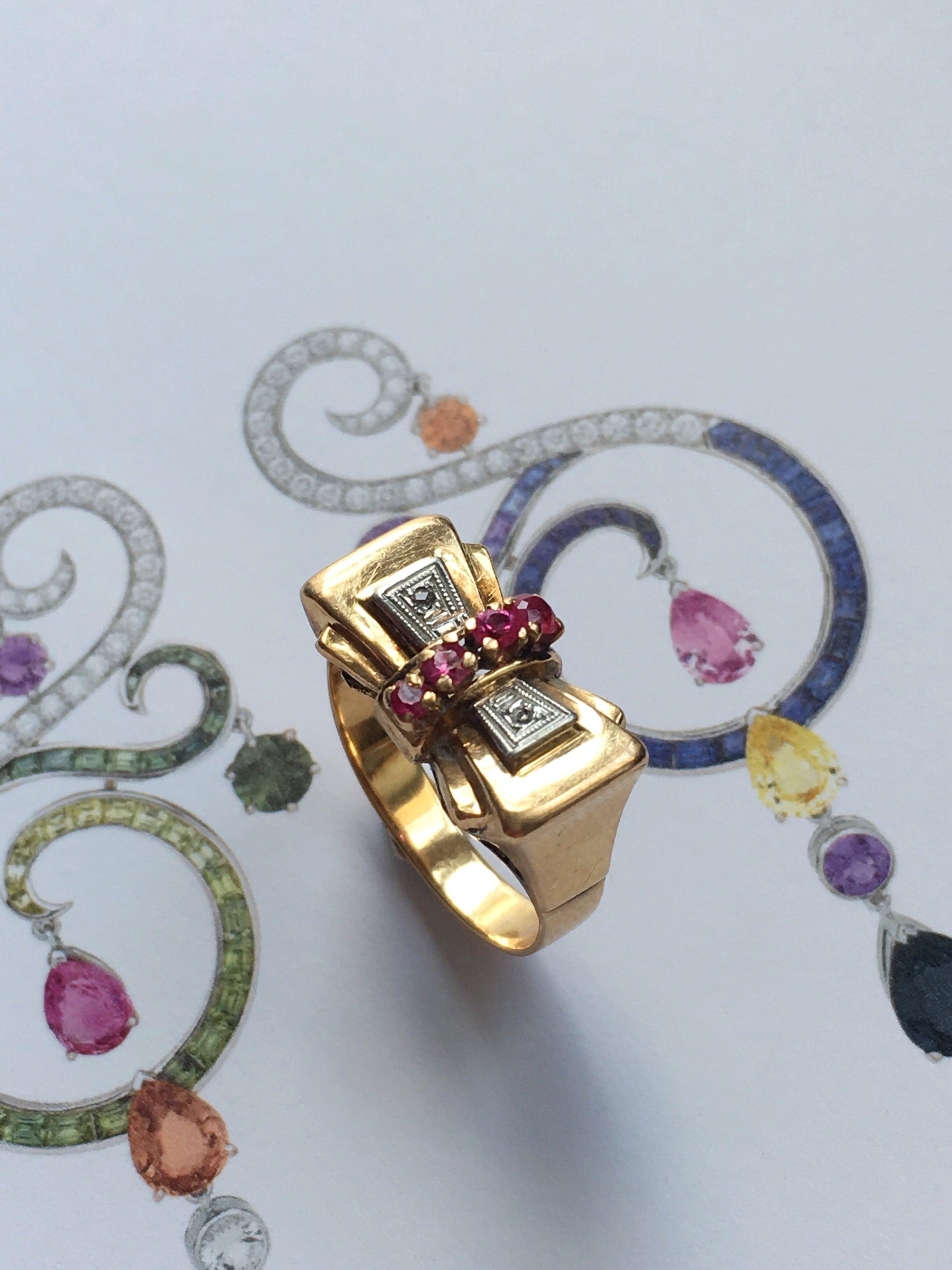 Sweet 18K gold platinum diamond ruby bow & tank cocktail ring - Curiously timeless