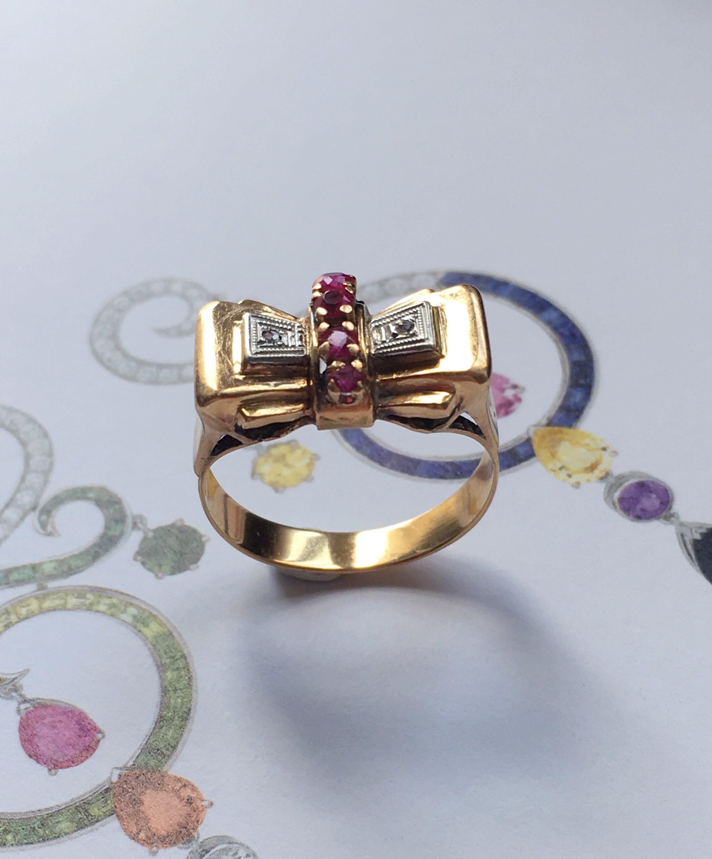 Sweet 18K gold platinum diamond ruby bow & tank cocktail ring - Curiously timeless