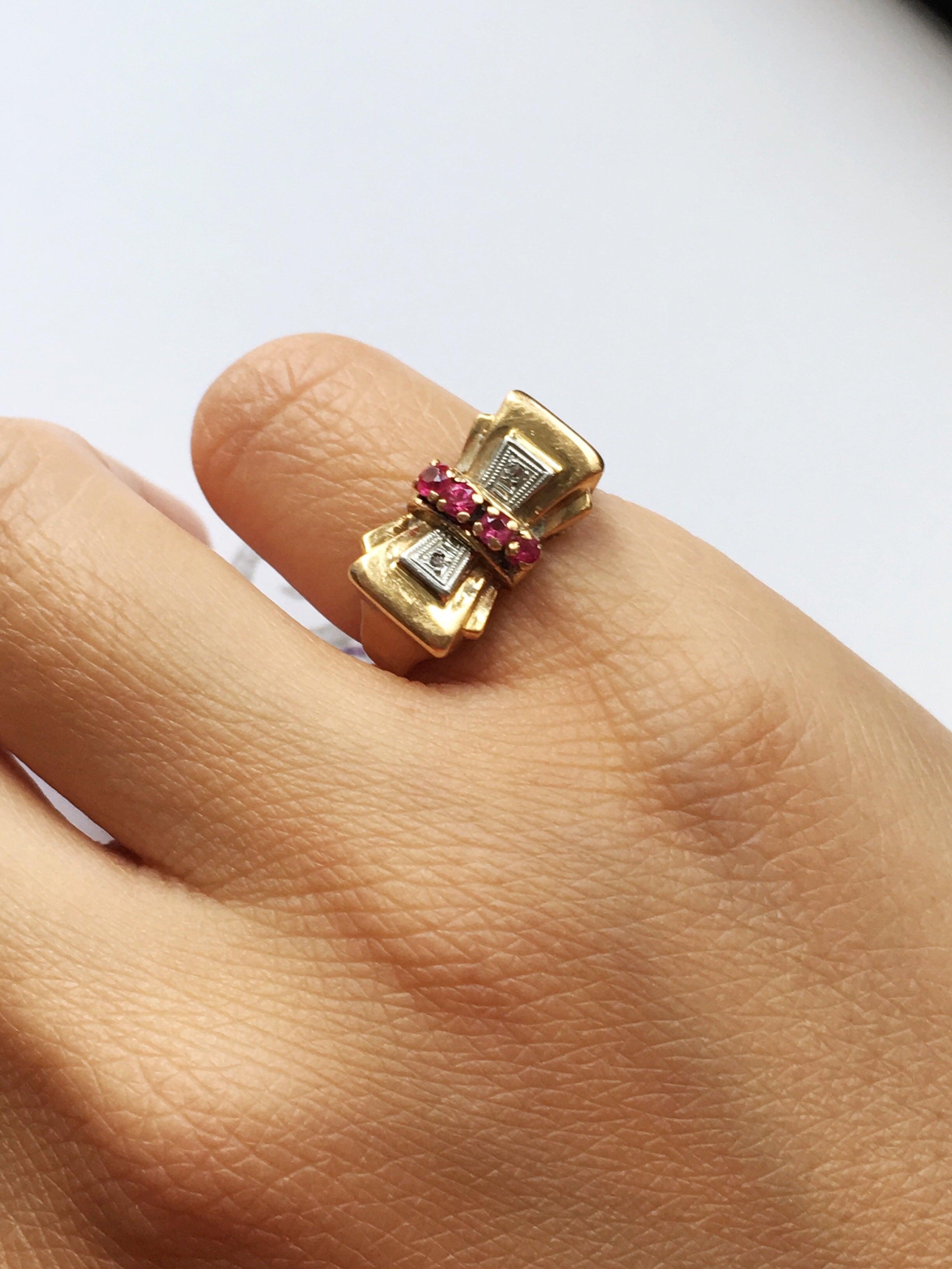 Sweet 18K gold platinum diamond ruby bow & tank cocktail ring - Curiously timeless