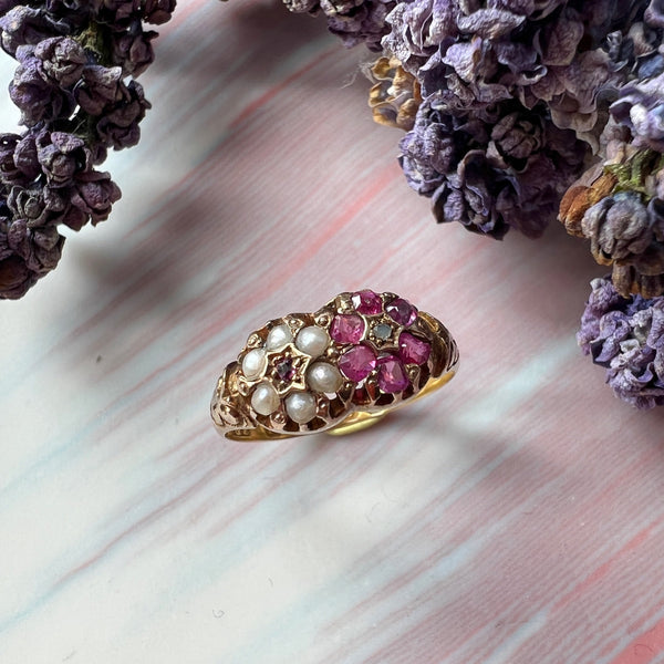 Victorian era 15K gold ruby pearl diamond flower ring