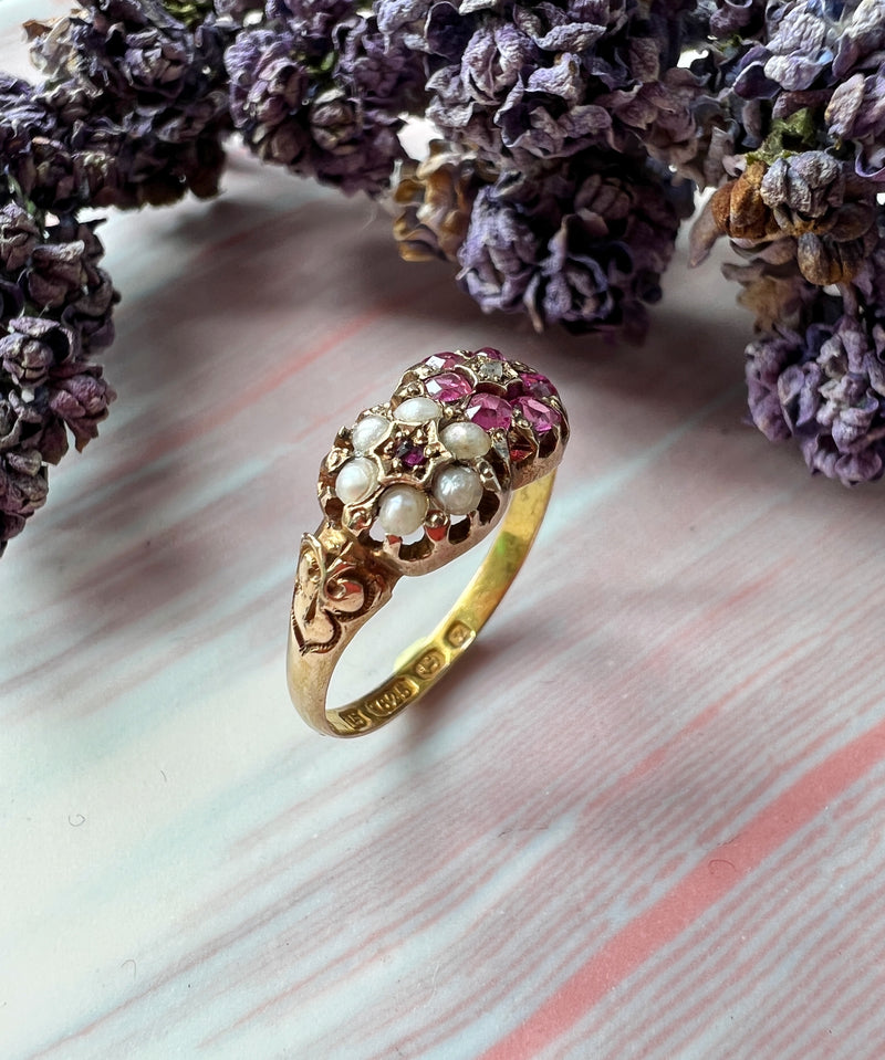 Victorian era 15K gold ruby pearl diamond flower ring