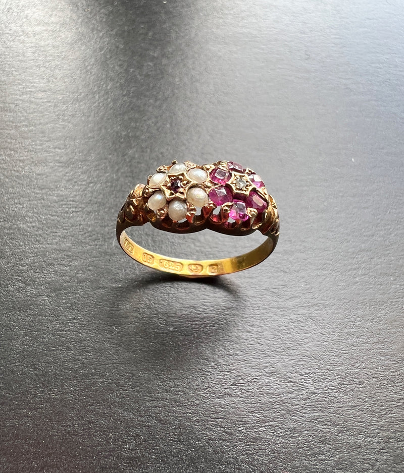 Victorian era 15K gold ruby pearl diamond flower ring