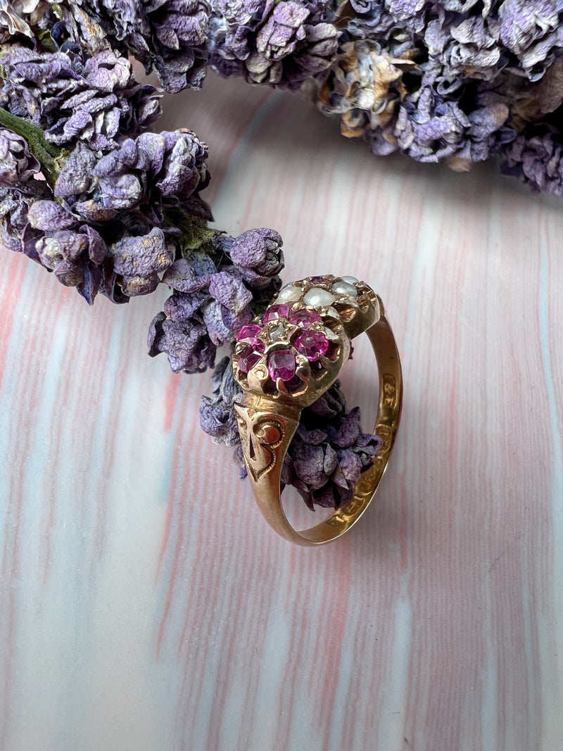 Victorian era 15K gold ruby pearl diamond flower ring