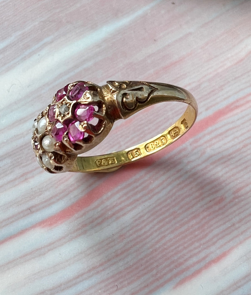 Victorian era 15K gold ruby pearl diamond flower ring