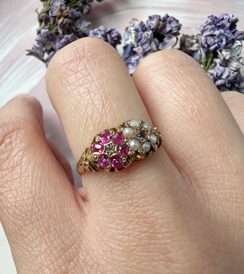 Victorian era 15K gold ruby pearl diamond flower ring