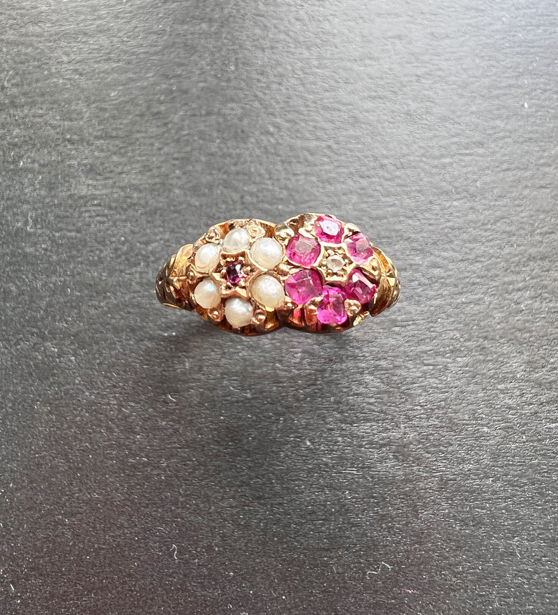 Victorian era 15K gold ruby pearl diamond flower ring