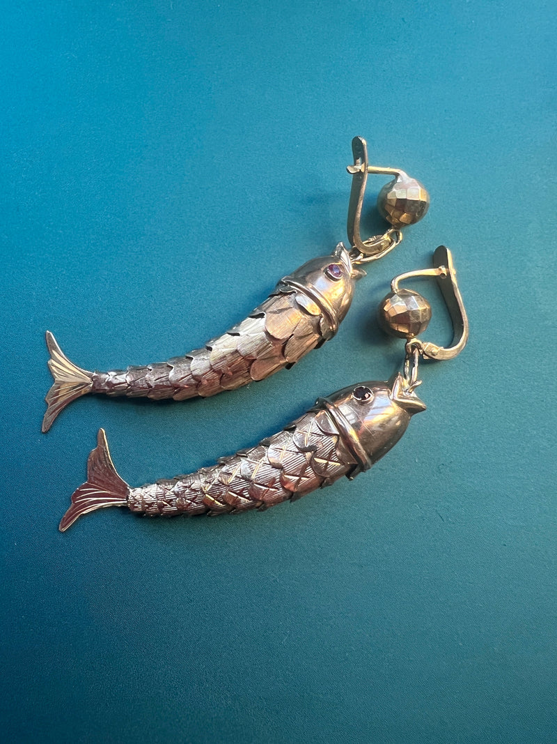 18K yellow gold articulated carp fish earrings