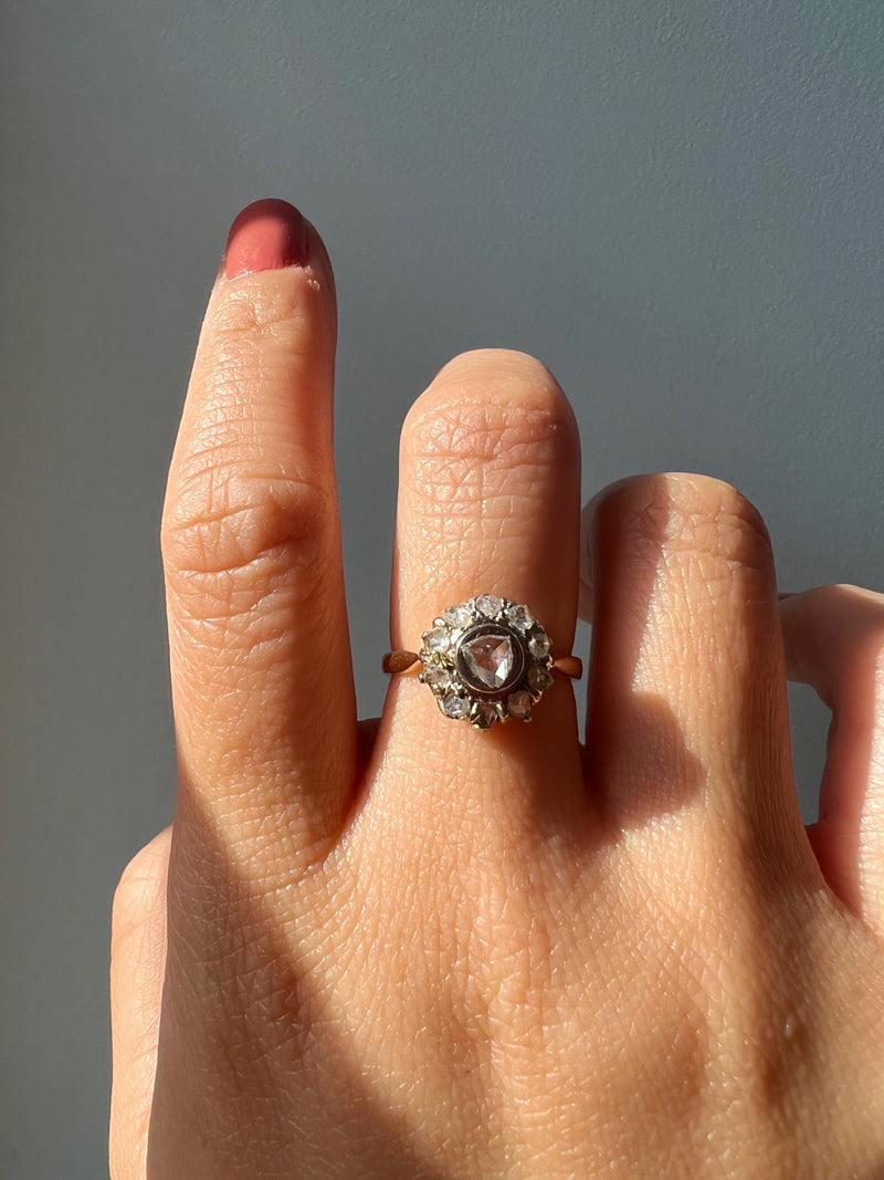 Antique 18 gold rose cut diamond cluster ring