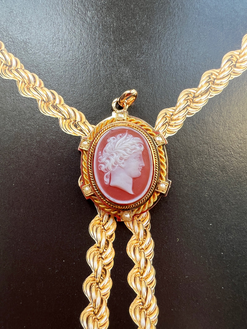 Antique 18K gold agate cameo pearl pendant